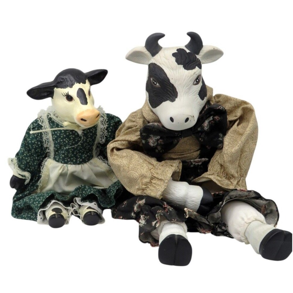 Vintage 1990s Holstein Cow Doll Set Hand Dressed Ceramic Porcelain Farm Decor